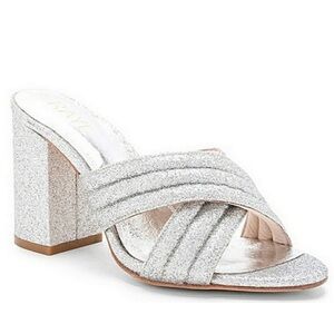 Raye Bella Silver Glitter Quilted Crisscross Block Heel Mule Size 7
